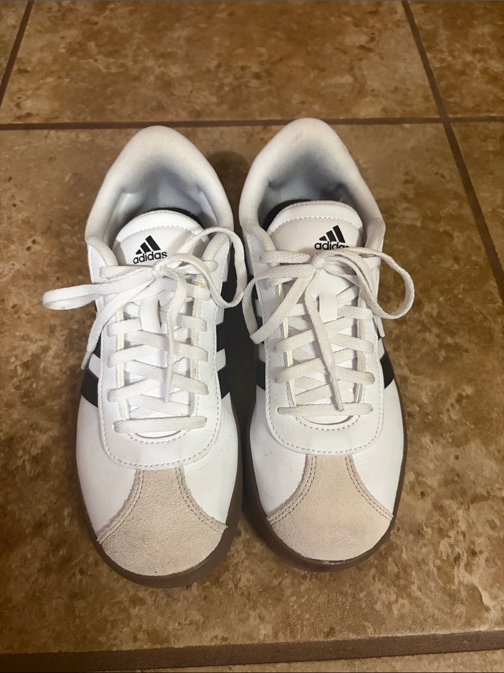 adidas White Sneakers with Black Stripes and Tan Suede Toe